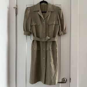 Vintage Guy Laroche green linen belted midi shirt dress - size 38 (Medium)